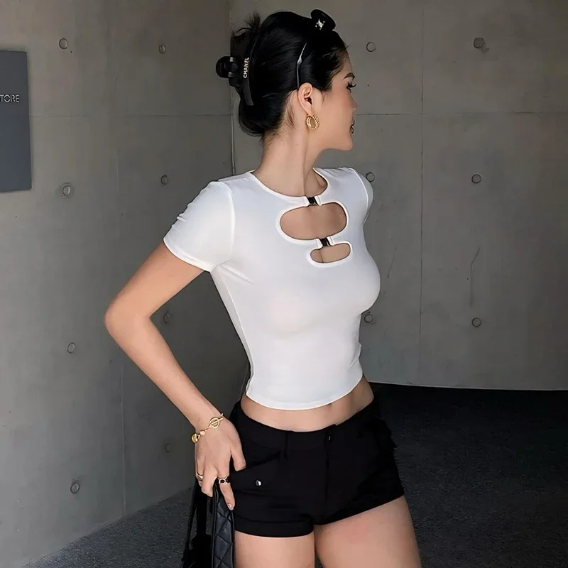 섹시한 홀로우 아웃 티셔츠 여성 여름 신상 블랙 반팔 티셔츠 탑 패션 O넥 스트리트웨어 캐주얼 슬림 엘레강트 레이디 티