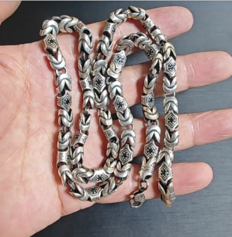 Vintage Antique Silver Textured Link Bracelet Inlaid Tiny Rhinestone Geometric Pattern Gothic Punk Men Heavy Wrist Jewelry Gift