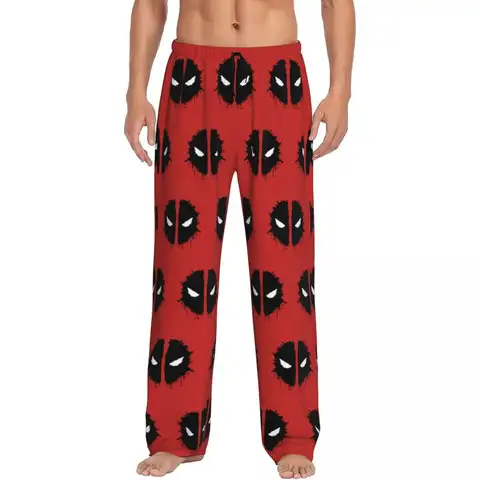 Anpassade Deadpool tecknade ansikte pyjamasbyxor för män animering serietidning lounge sömn stretch pyjamasbyxor med fickor 12 best sales deadpool-byxor - №8