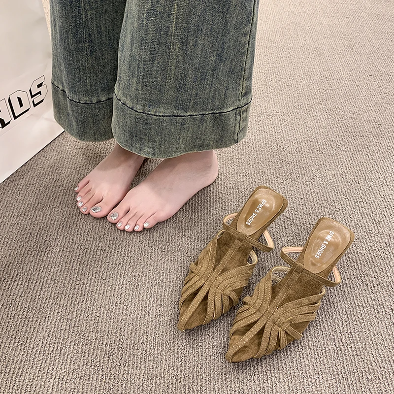 French Wedge Pointed Toe Wrapped Half Slippers for Women 2026 New One-foot Slip-on High-heeled Cool Drag Rome