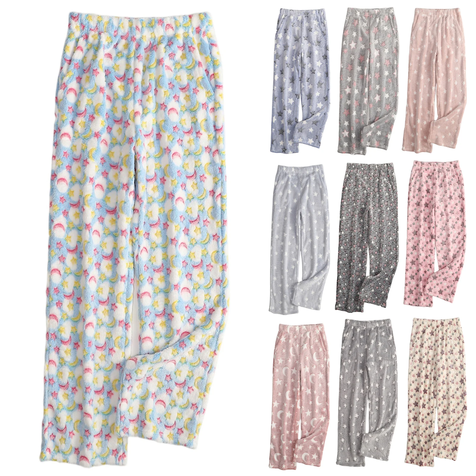 

Женские пижамные штаны, плюшевые штаны для сна, мягкие эластичные штаны с рисунком на талии и 2-мя карманами, зимние мягкие и теплые домашние брюки