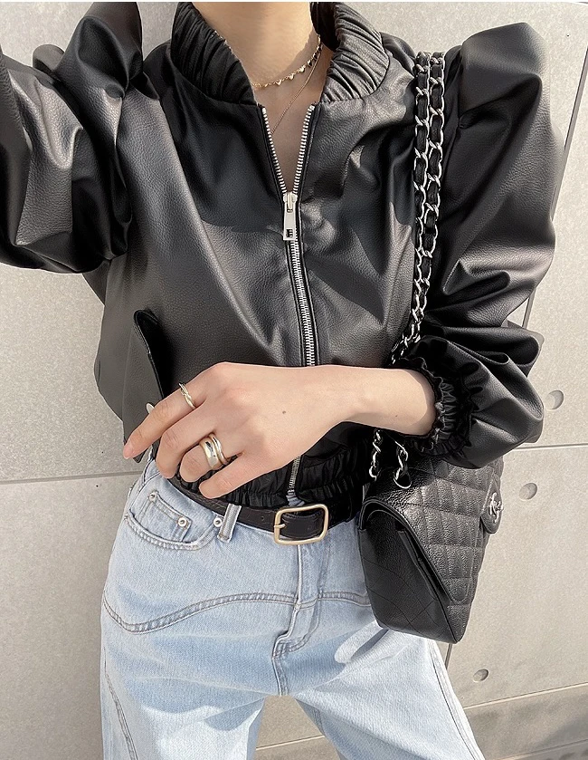 Women's Spring Autumn Streetwear Puff Sleeve Zip Up Pu Leather Jacket Lady Solid Color Long Sleeve Faux Leather Short Outwear