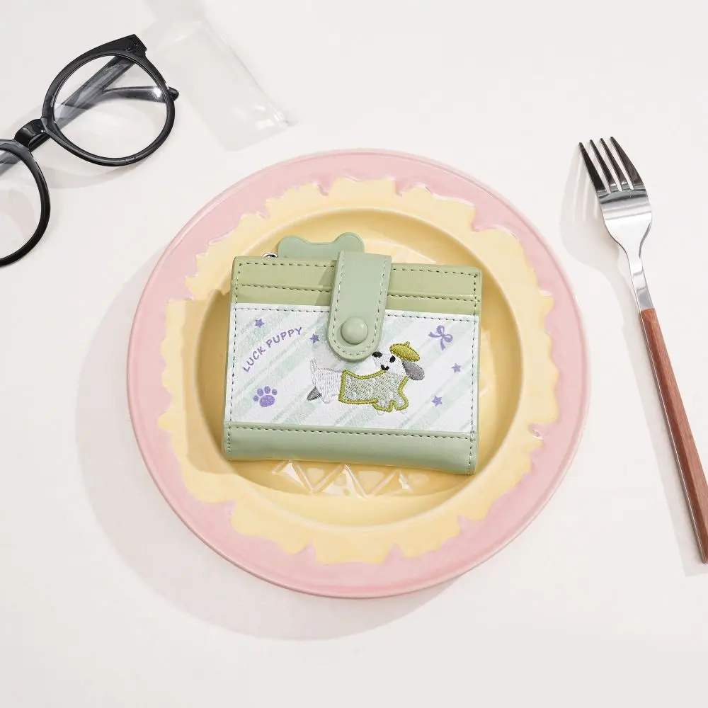 Korean Style Embroidery Sausage Dog Wallet Ultra Thin Purse Coin Pouch Short Clutch Multi Slot PU Leather Card Holder Outdoor
