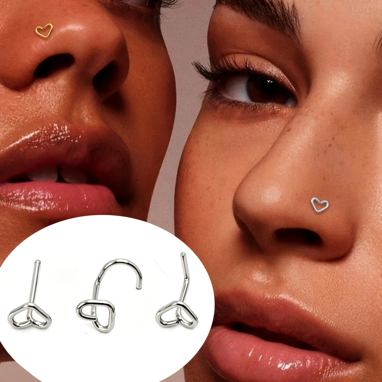 3pcs elegante 20G Minimalista Corazón 316 acero inoxidable curvado nariz Stud anillo hombres y mujeres diario Nostril Piercing Stud