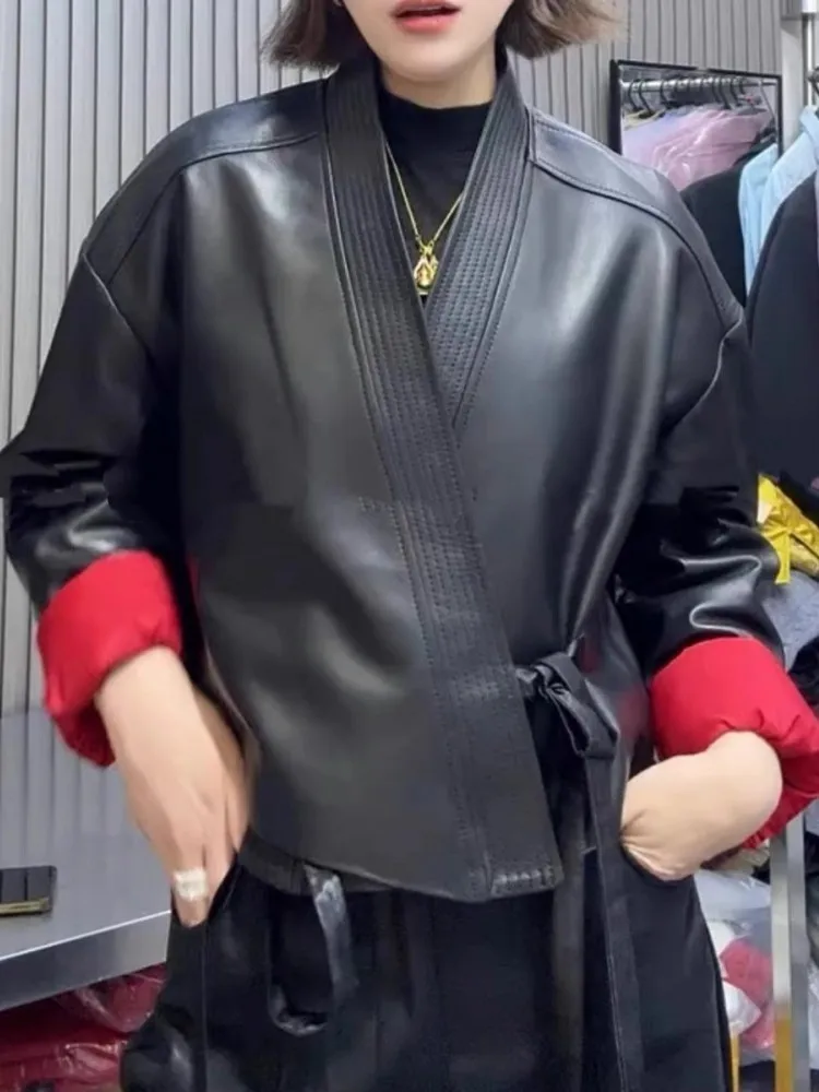 Vintage Designer Women Lace Up V Neck Sheepskin Genuine Leather Jacket Short Style Adjustable Waist Loose Fit Coat Retro Jacket