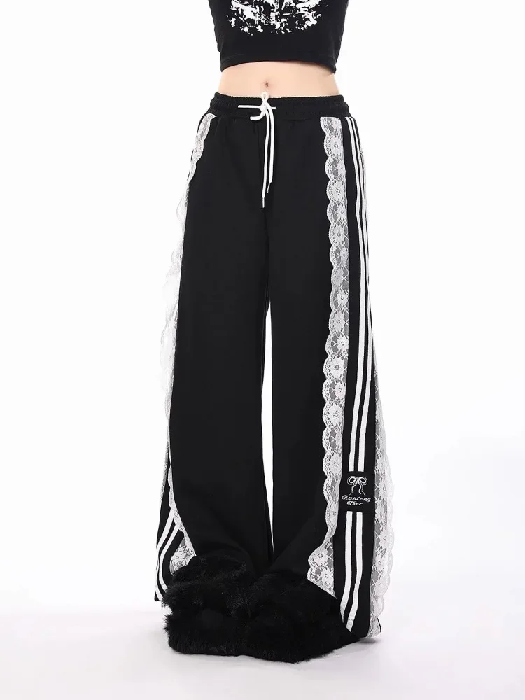 HOUZHOU Y2k Vintage Striped Baggy Sweatpants Black Woman Japanese Style Harajuku High Quality Laces Sports Pants Korean Trousers