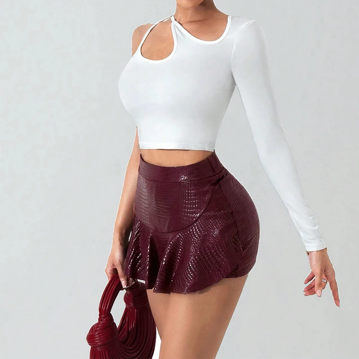 Women's Faux Leather High Waist Ruffled Mini Skirt Textured Surface Loose Fit Soft Versatile Trendy Casual Daily Wear Half Skirt