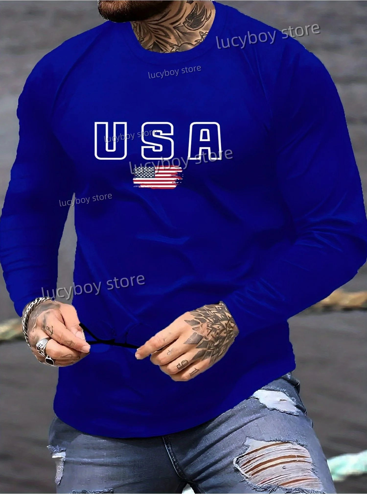 2025 Autumn Men's Long Sleeved T-Shirt Comfortable Casual Sport USA Flag Pattern Printed Round Neck T Shirt For Man Men Clothing