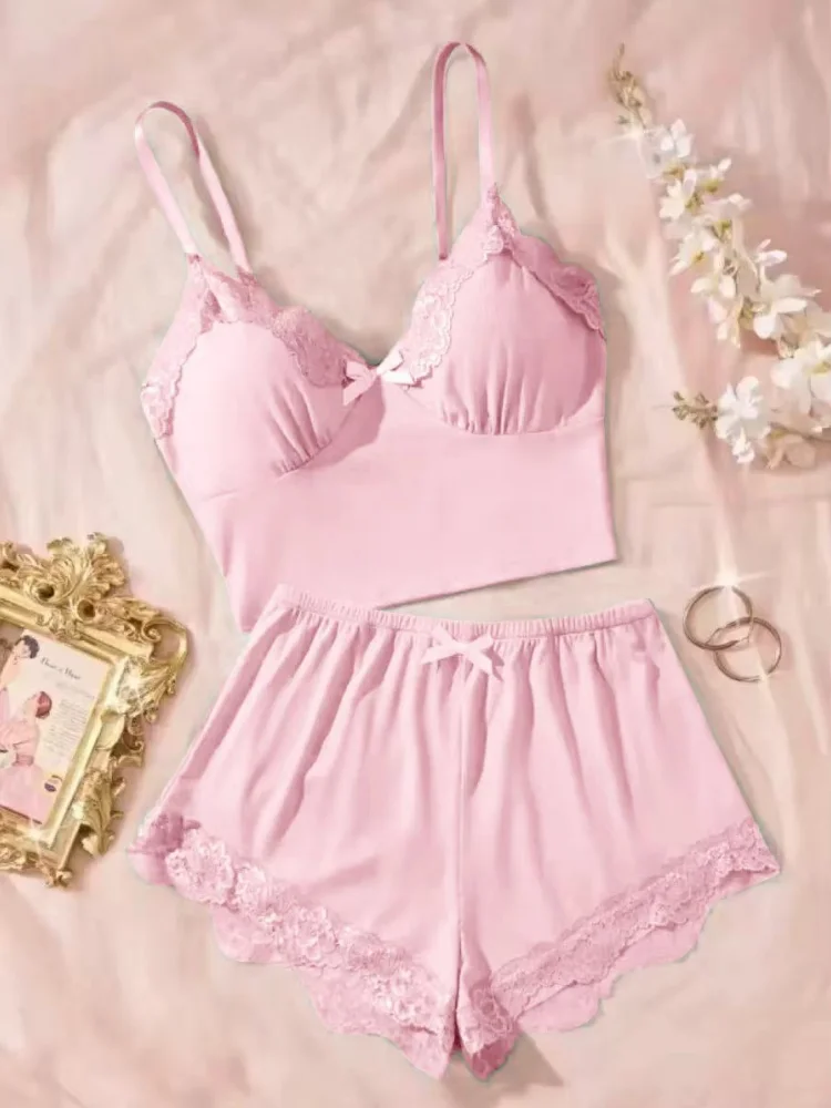 2pcs Floral Contrast Lace Pajama Sets Women Sleepwear V Neck Solid Color Bow Top & Shorts Suit Home Clothes Loungewear