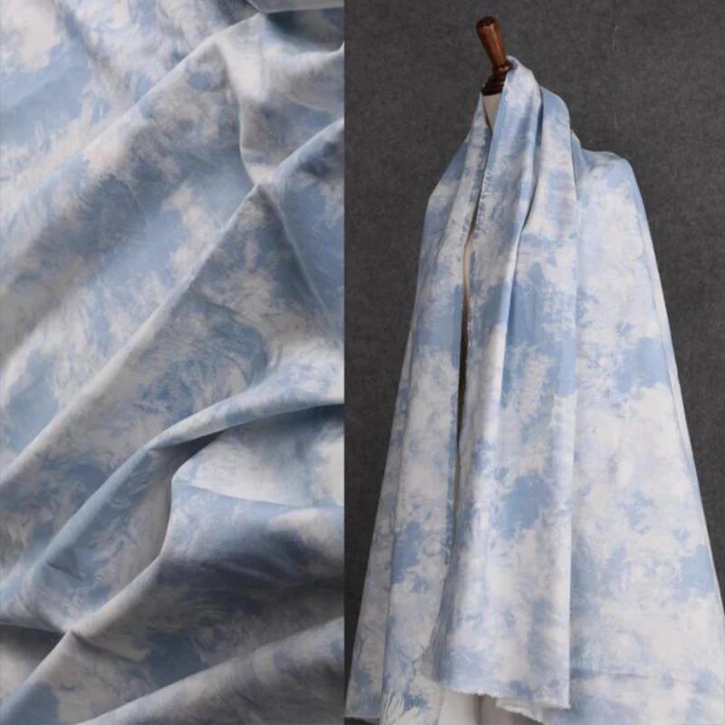 Good Sky Blue Tie dyed Cloud Flower Pattern Cotton Denim Fabric Plant Dyed Single Sided Denim Designer Fabric Sewing Diy Clothes