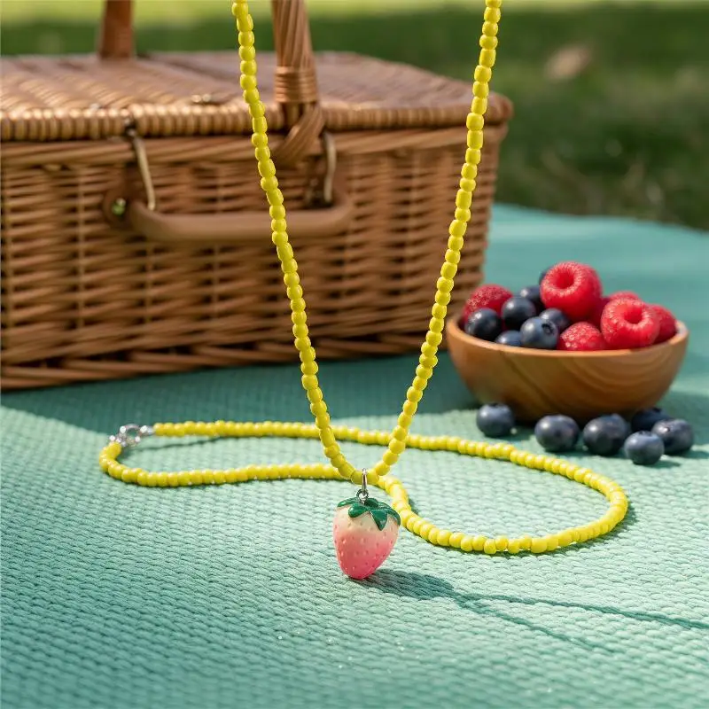 Bonbonfarbener Herzanhänger Blau-Grüne Glasperlen Kontrast-Design Halskette Mädchen Sommer Mode Damenschmuck Accessoires – Detail 6