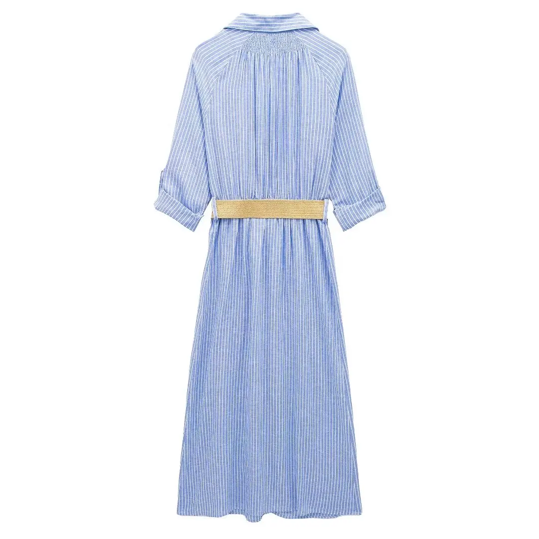 Tangada 2024 Summer Women Cotton Linen Loose Dress With Belt Long Sleeve Causal Ladies Midi Dress 3h0292