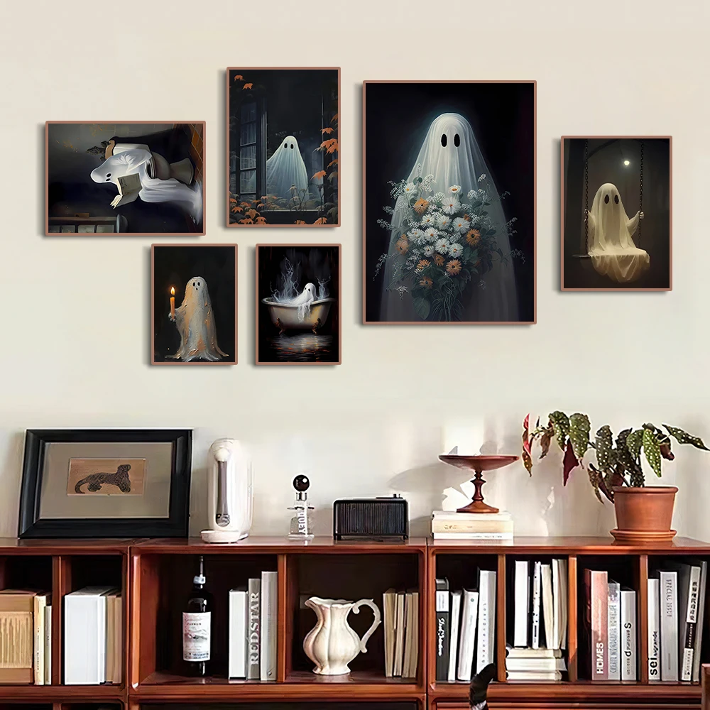 Abstract Cute Ghost on A Swing Canvas Prints Ghost in The Bathtub Wall Art Poster  for Halloween Living Room Cafe Bar Home Decor