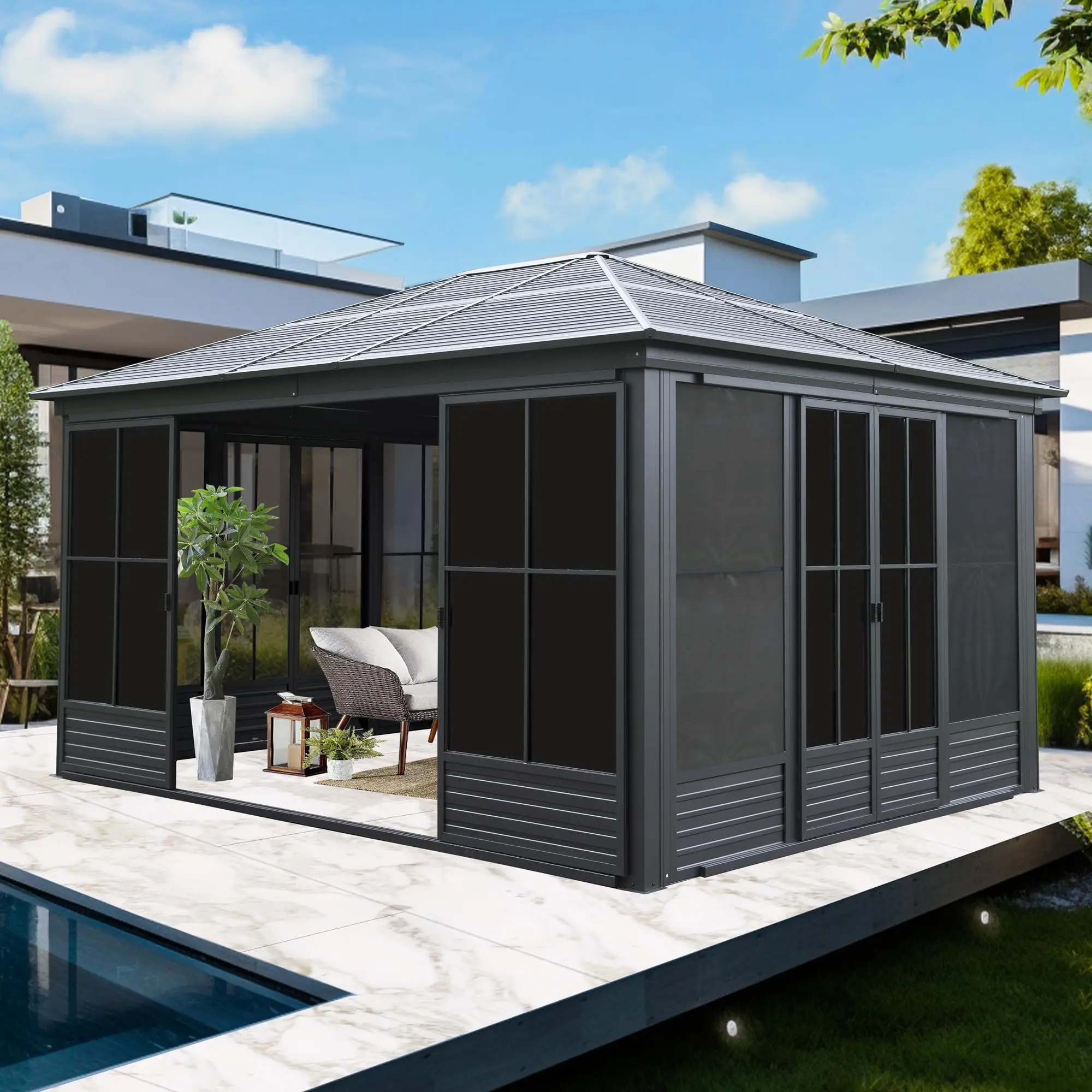 ！@12X14.7FT All-Season Sunroom Solarium Aluminum Screen House Galvanized Steel Roof Dark Canopy Pergola