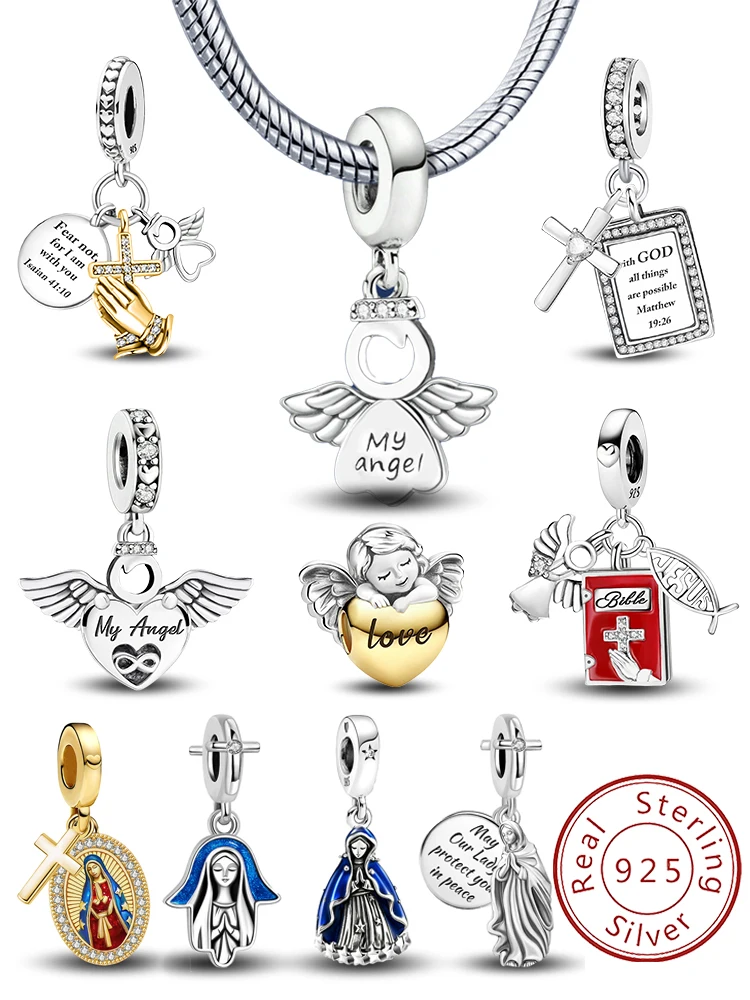 Abalorio de Plata de Ley 925 con Diseño de la Virgen María y el Ángel de la Biblia, Ideal para Pulseras y Brazaletes de Mujer, para la Creación de Joyería DIY