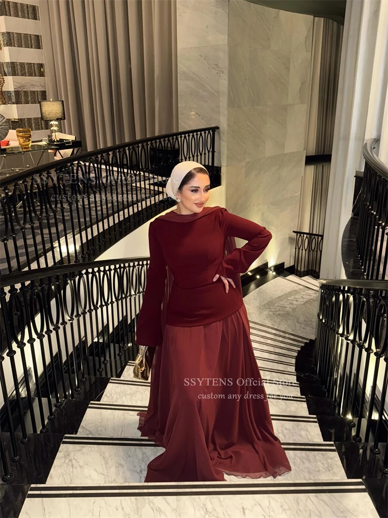 SSYTENS Muslim Modest Formal Evening Dresses Burgundy Long Sleeve Prom Gown With Cape Dubai Women Elegant Party Dress Csutomized