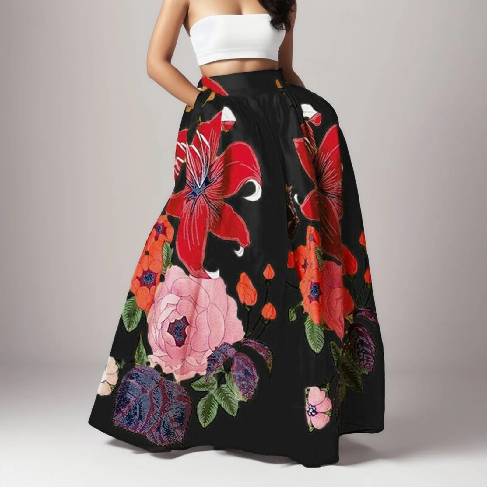 

Women Maxi Skirt Bohemian Floral Print High Elastic Waist Pocket Party Summer Beach Long Skirts Big Swing Puffy Bubble Skirts