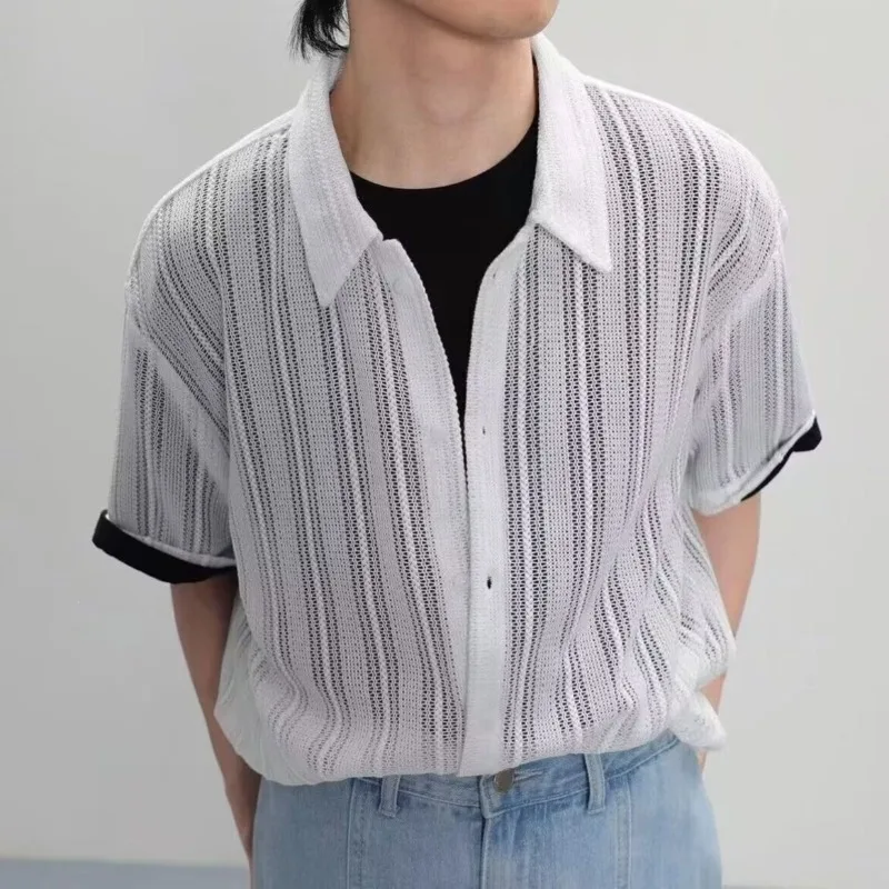Herren-Strickhemd mit Aushöhlungen und Streifen, Kurzarm, Umlegekragen, Knopfleiste, Lässige Bluse, Atmungsaktives Durchsichtiges Sommer-Oberteil – Detail 30