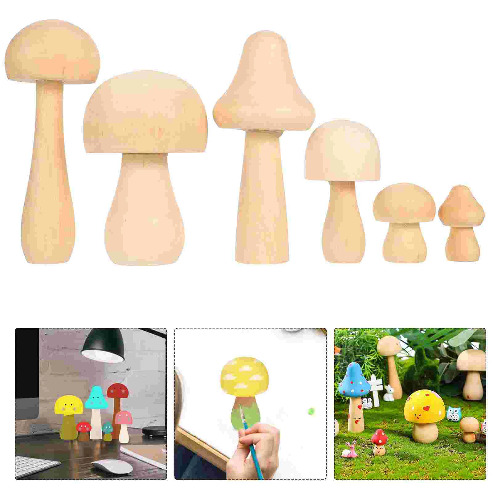 6 Pcs Tiny Mushroom Ornament Doodle White Germ Mushrooms Decorations Plain Wood Peg