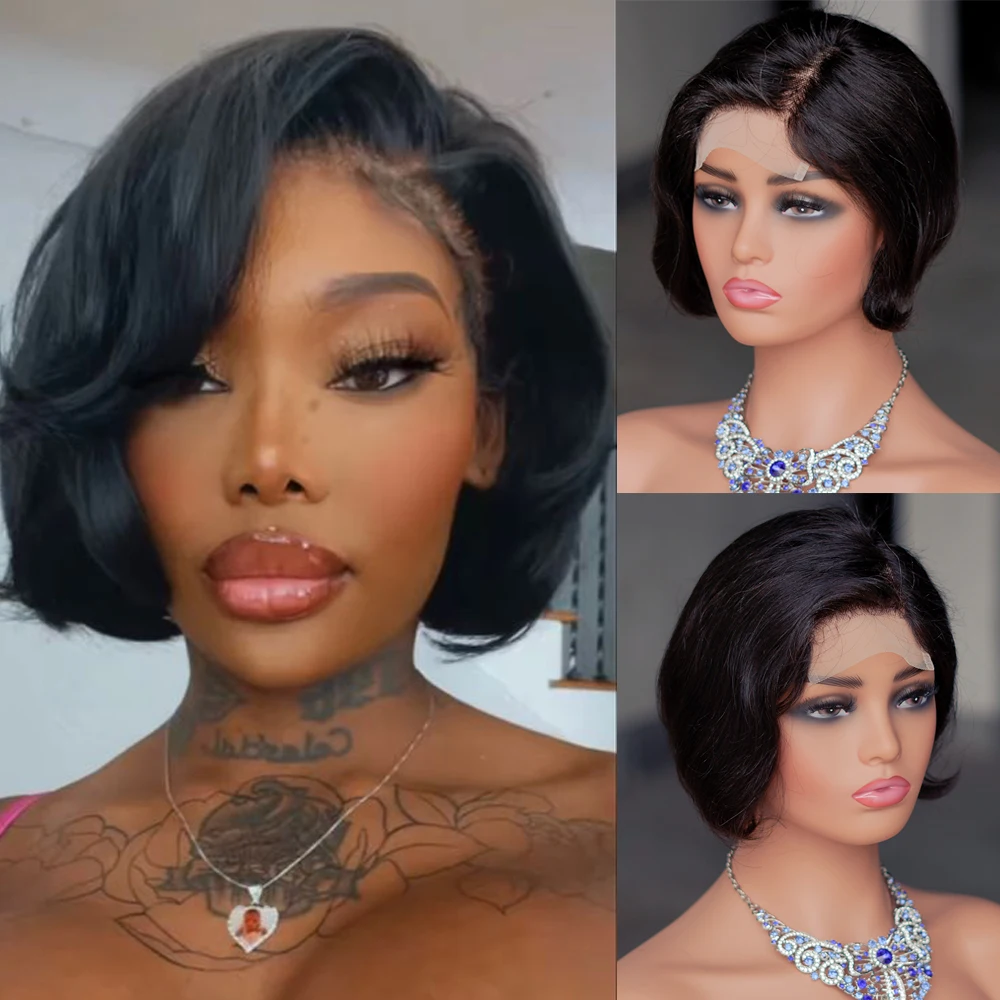 

Black 100% Remy Human Hair Wig Natural Short Pixie Cut Curly 4x4 Lace Frontal Wig for Women Afro Preplucked Glueless Human Hair