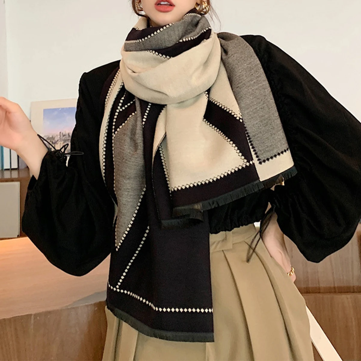 Autumn and Winter Cloak Wool Air Conditioning Large Shawl Thickened Cashmere Warm Student Extended Plaid Double-sided Scarf