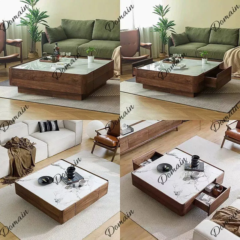Minimalist Wabi-Sabi Square Slate Coffee Table Solid Wood Walnut Color Living Room Tea Table