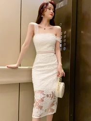 2023 Summer Sweet Sexy Dress Women Perspective Sheer White Lace Slip Strap Bodycon Slit Femme Robes Party Holiday Beach Vestidos