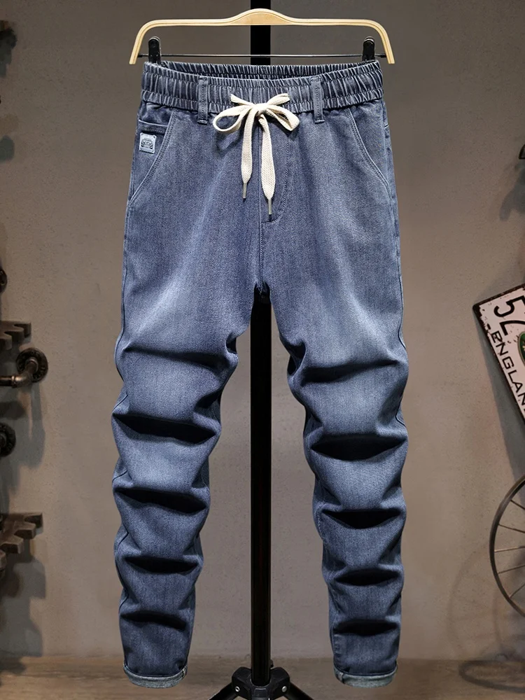 

Spring Summer Thin Denim Jeans Men Elastic Waist Drawstring Straight Leg Long Pants Comfortable Soft Elastic Breathable Ankle...