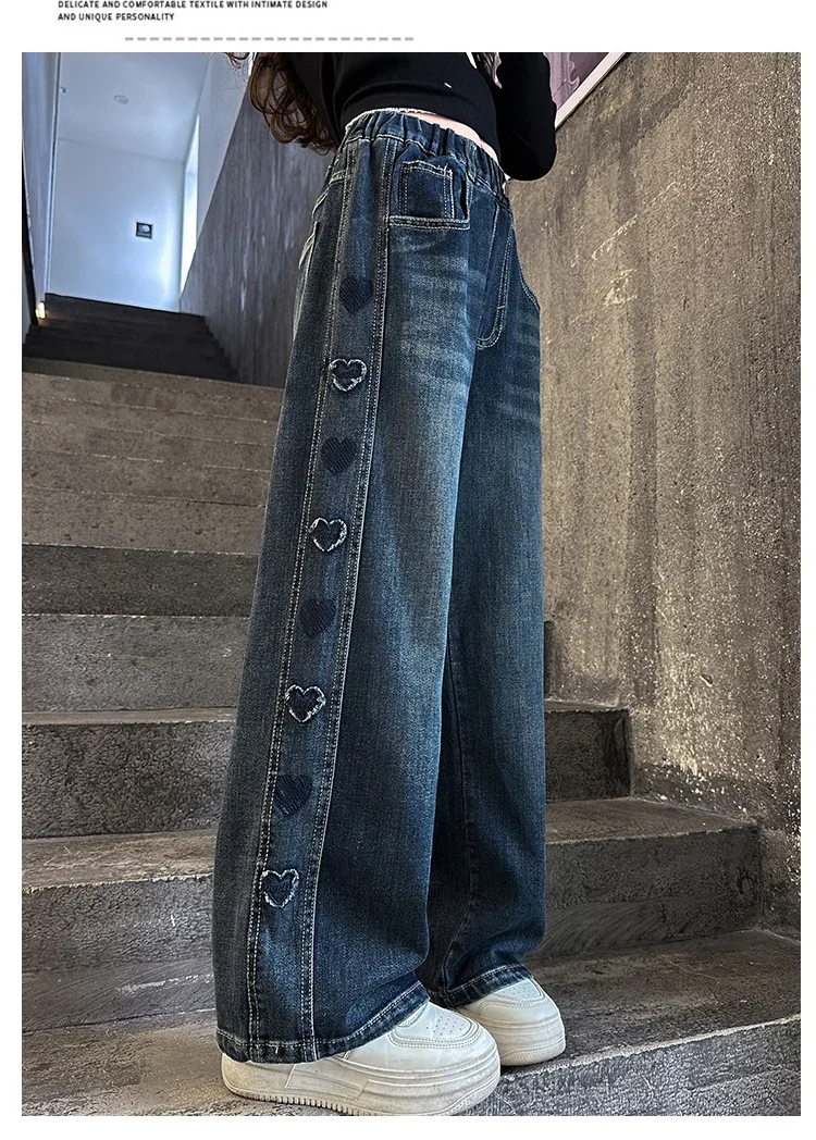 ZOETOPKID Herbst Teenager Mädchen Herz Jeans Mode Retro Weites Bein Gerade Denim Hosen Kinder Casual Streetwear Jeans Hosen – Detail 2
