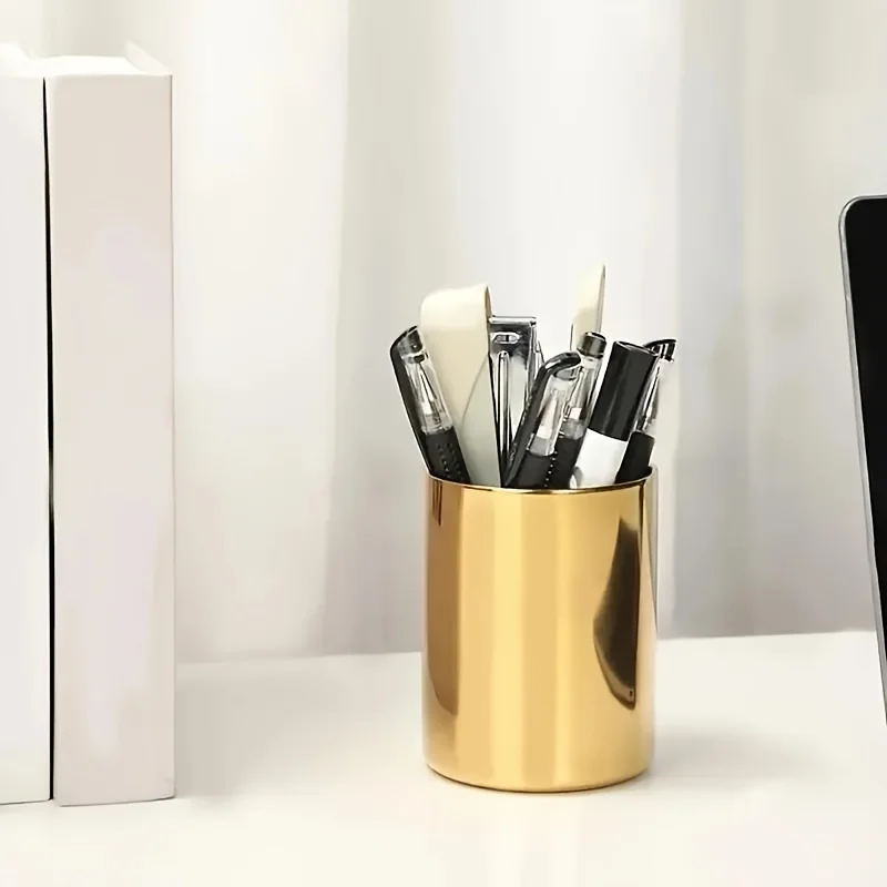 Golden Stainless Steel Desktop Organizer, Multi-Functional Pen Holder & Makeup Brush Storage Cup for Desk