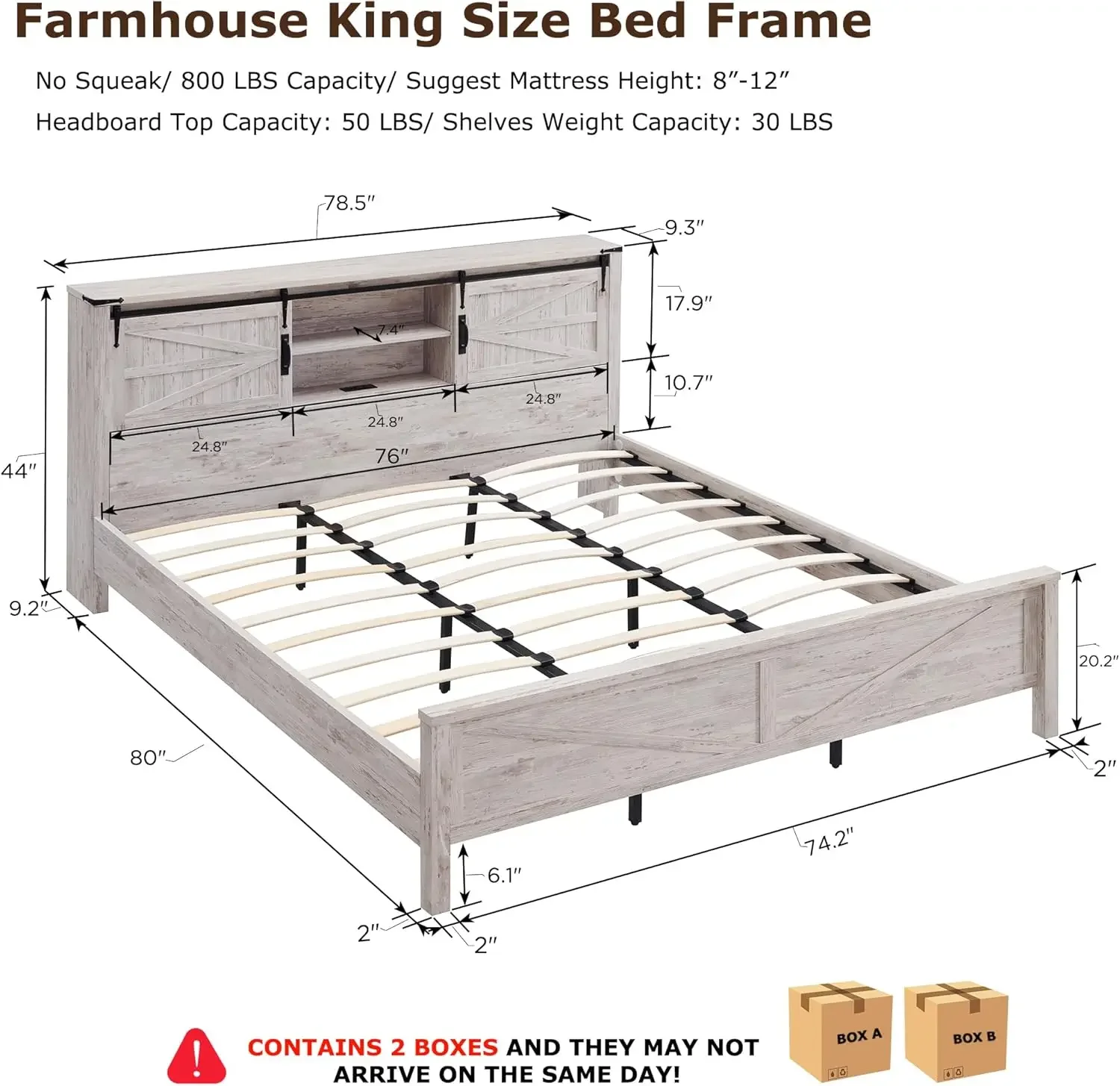 Farmhouse King Size Bed Frame w/Storage Bookcase Headboard, Sliding Barn Door, Charging Station, Rustic Wood Platform Be