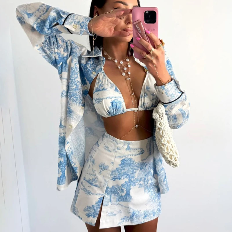 

Tornova Повседневный комплект с принтом в стиле ретро, рубашка с длинными рукавами и лацканами, жилет, юбка с разрезом, сексуальный тонкий осенний новый женский костюм для поездок на работу