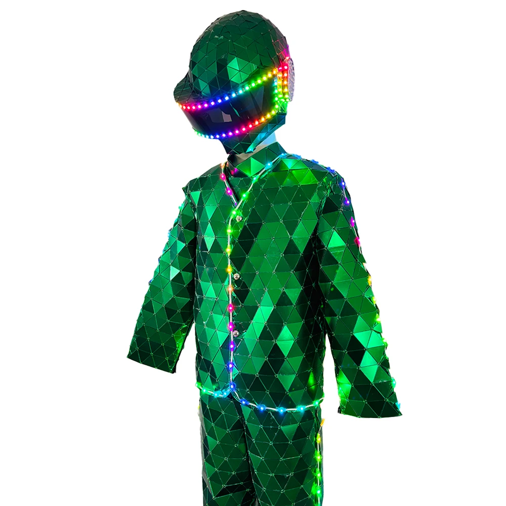 

Hand Sewn Mirror Man Show Suit Green Purple Pink Halloween Costume with Glass Mask for Stage Performance And Christmas Cosplay
