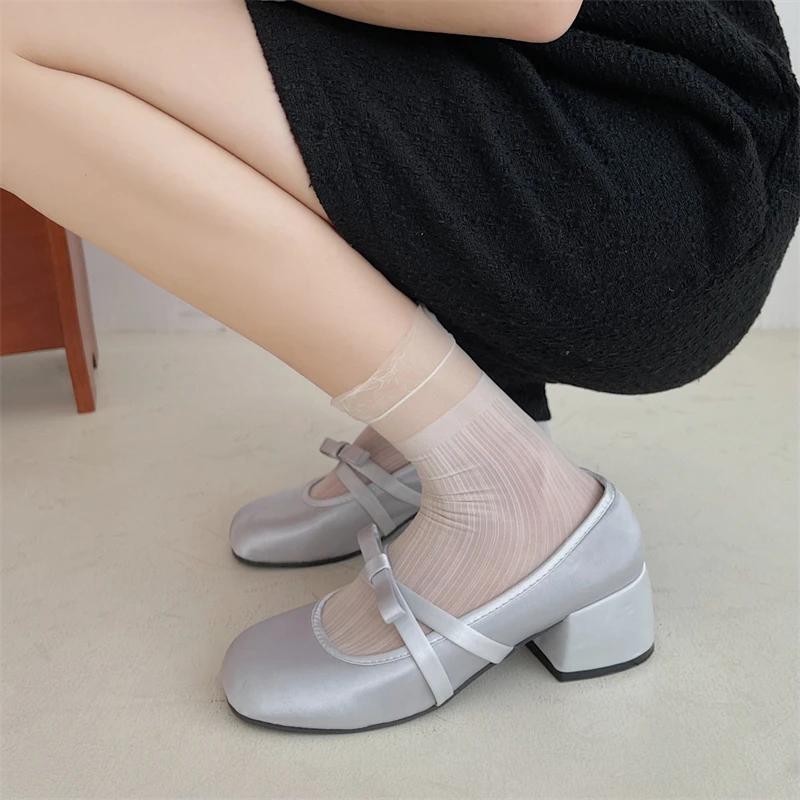 New Mary Janes Shoes Women\'s High Heels Pumps Women Butterfly-knot Square Heel Shoes Women Thick Heel Shoes Zapatos Mujer