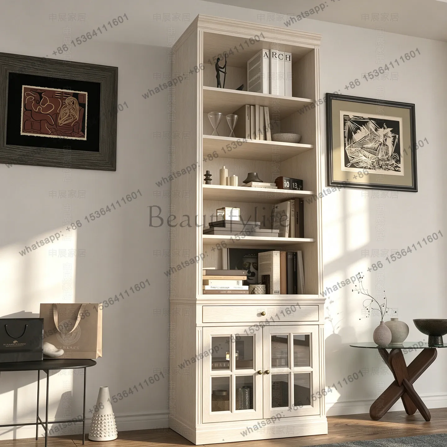 All solid wood oak combination bookcase integrated cream wind white log large bookshelf cabinet