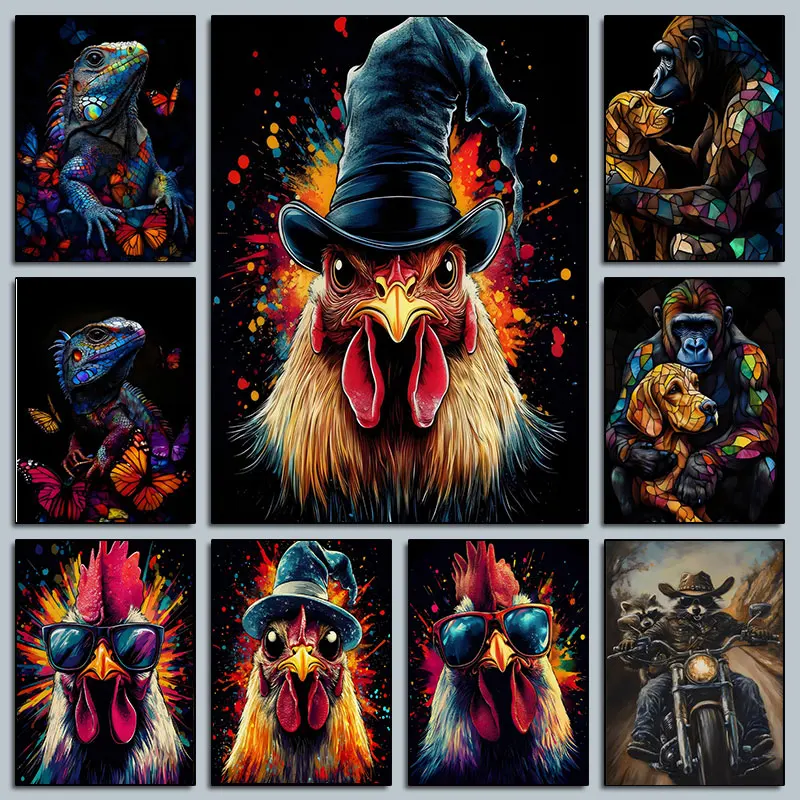 Gaming Poster For Room Funny Chicken Canvas Painting Cool Iguana Butterfly Gorilla Chicken With Sunglasses Beautiful Wall Decor