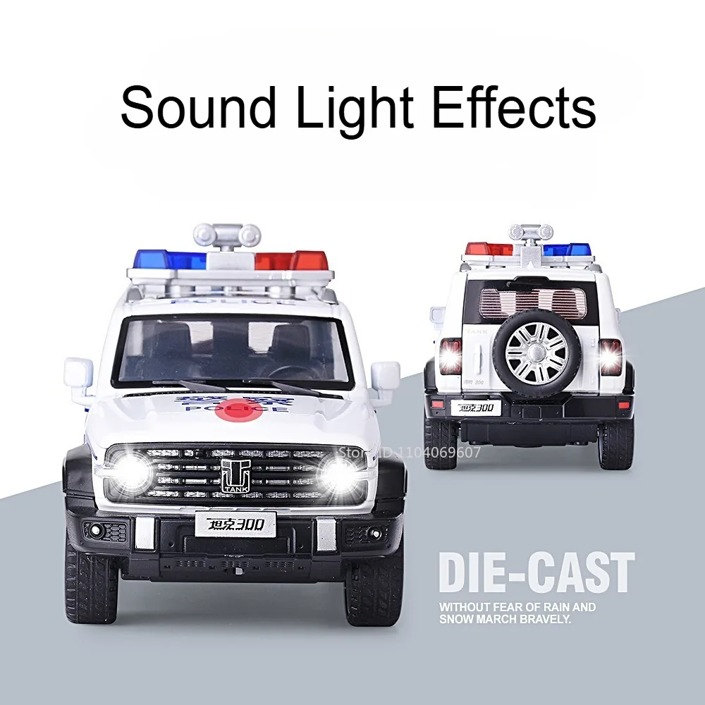 1:32 escala tanque 300 divo polícia modelo de carro brinquedos metal diecast veículo em miniatura som luz portas abertas puxar para trás para meninos presentes