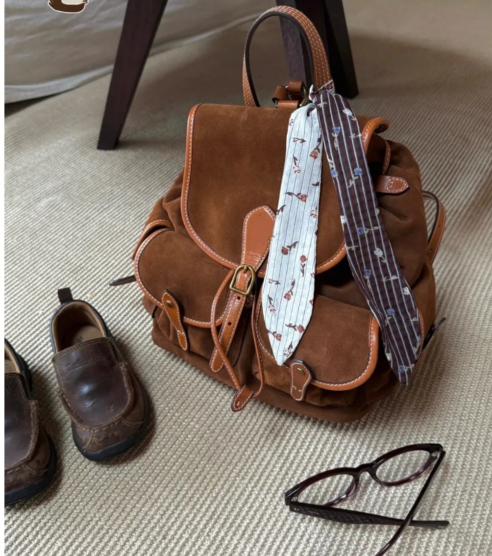 

New Women's Cowhide Backpack Large Capacity Commuter Suede School Bag College Students Brown Suede Cowhide Bookbag