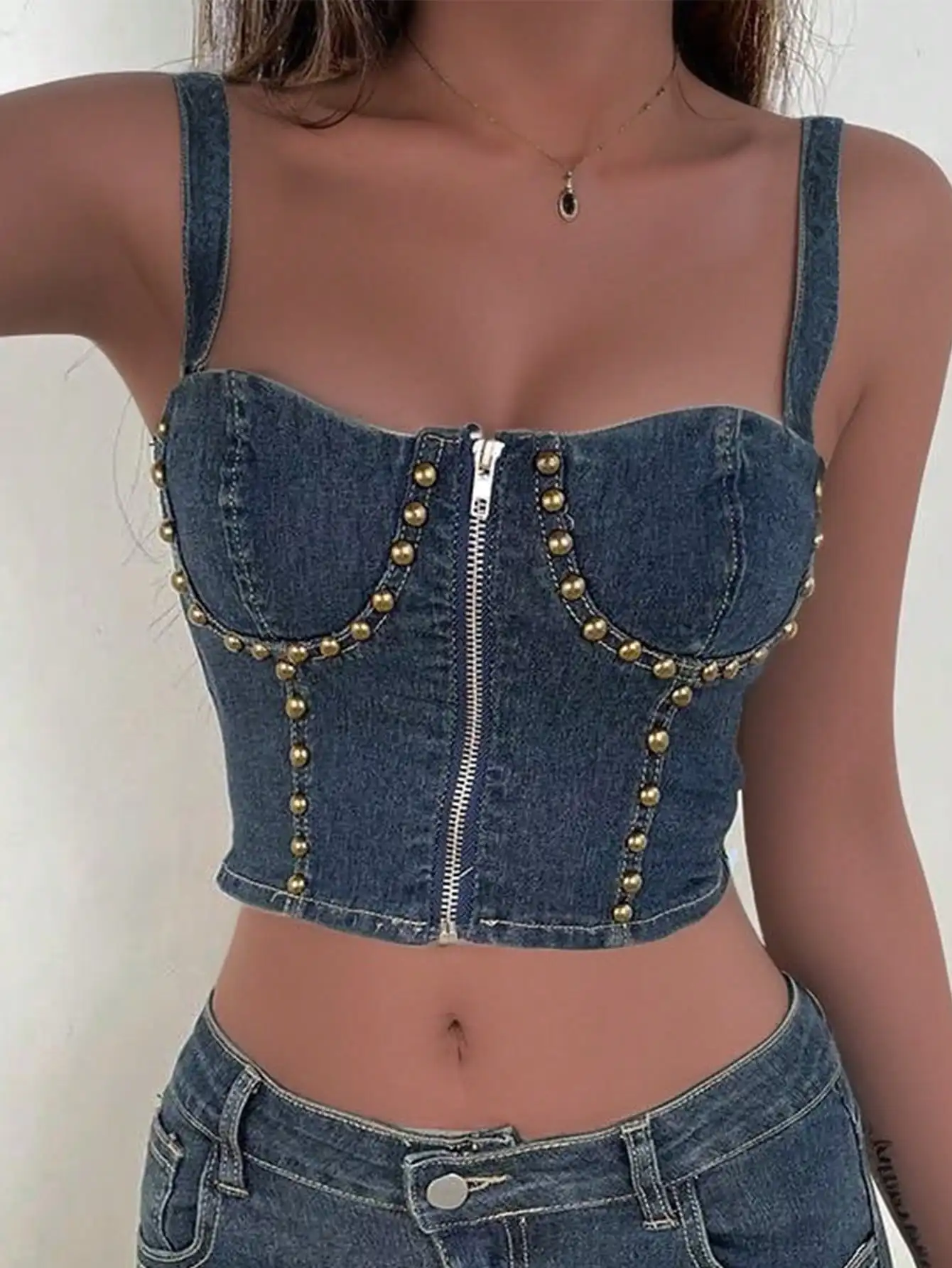 Rave Y2K Vintage Zipper Fly Metal Decor Corset Bustier Shapewear Crop Cami Denim Top Summer Hottie Outfit