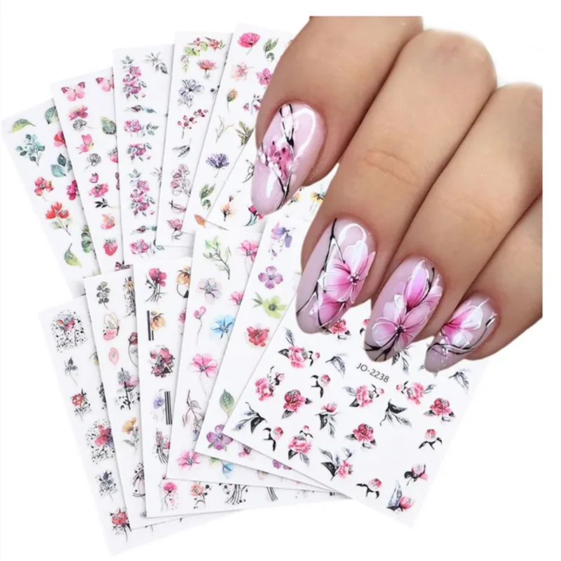 12pcs Design Shiny Flowers Nail Sticker 3D Pink Spring Blossom Nail Art Decals Green Leaves Sliders DIY Decorate Manicure