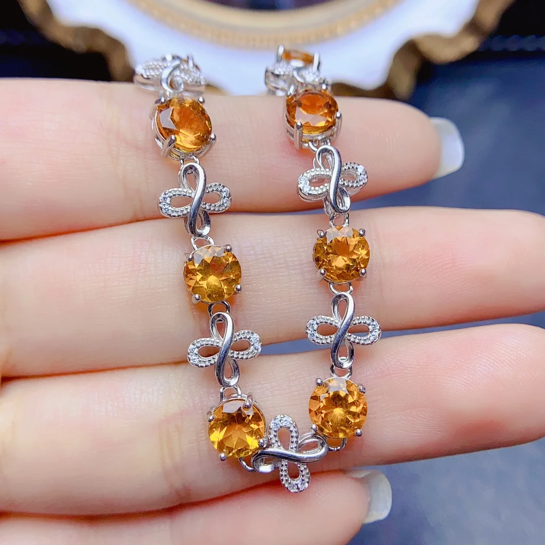 

FS Real S925 Sterling Silver Natural Citrine Flower Bracelet for Women Charm Fine Weddings Jewelry With Certificate MeiBaPJ