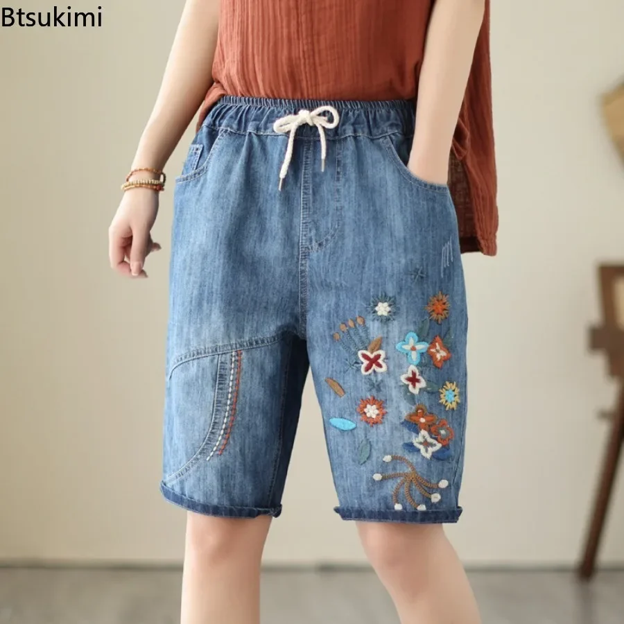 2024 Fashion Women's Summer Jeans Funny Embroidery Vintage Broken Holes Straight Pants Females Loose Casual Pockets Denim Shorts