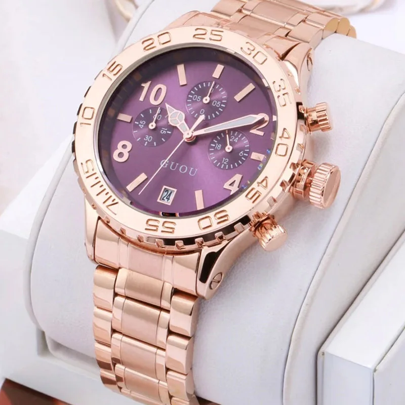 

GUOU Luxury Brand Large Dial Gold Stainless Steel Band Three eyes calendar Qatch Waterproof Ladies Man Fashion Quartz Watches