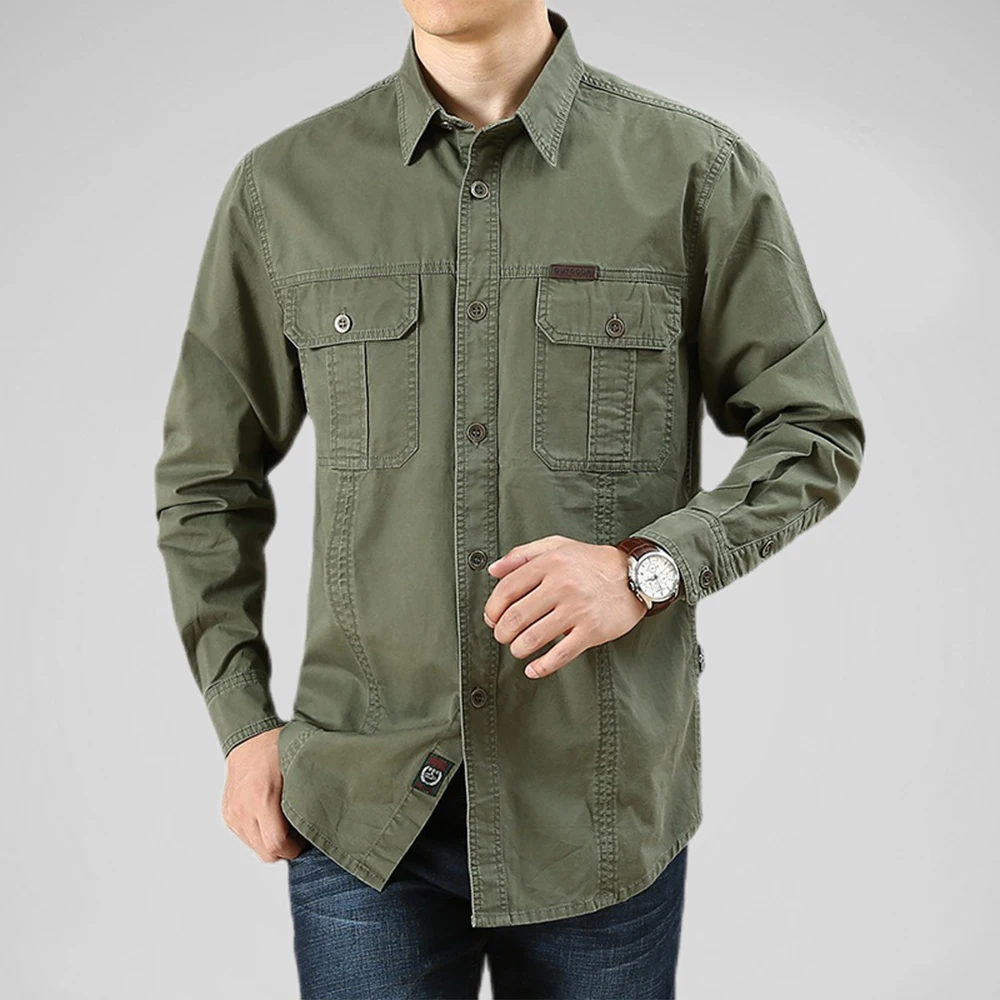 100% Cotton Men\'s Shirt Solid Color Multi-Pocket High Quality Cargo Shirts Fashion New Outdoor Casual Long Sleeve Shirts for Men