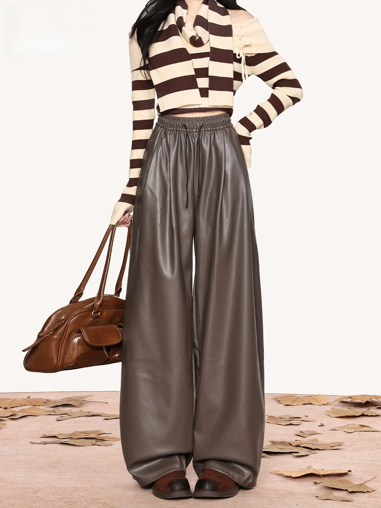 American Retro High Waist Casual Leather Pants Women's Summer New Wide Leg Draped Flocking Floor-Length Straight Leg Pants