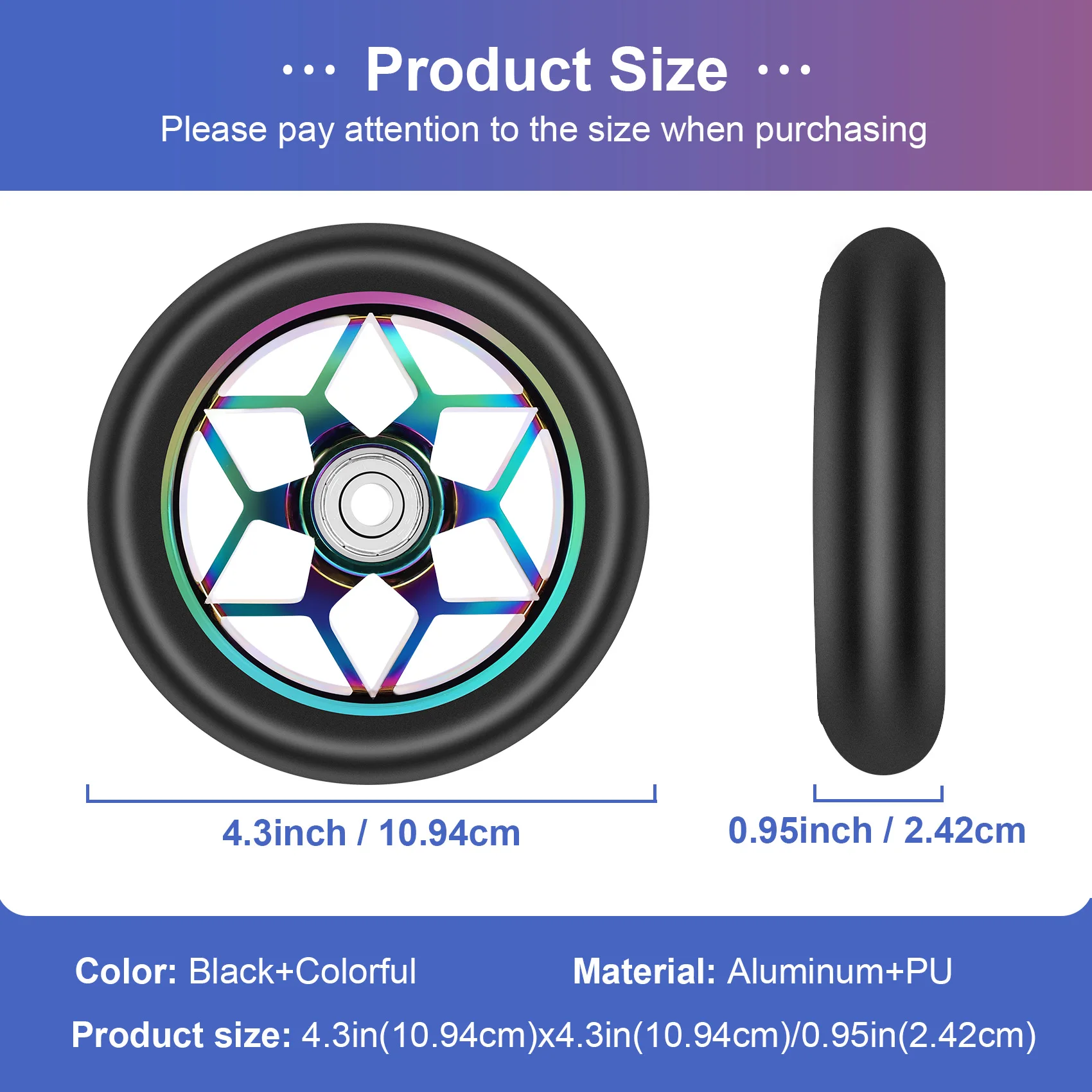 스쿠터 액세서리 110mm 스쿠터 휠, 다채로운 PU 휠, 두꺼운 스턴트 자동차 휠, 베어링 포함, 블랙, 2 개