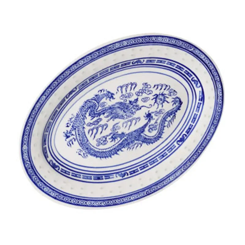 Retro Chinese Ceramic Plate Rectangular Steamed Fish Plate Blue and White Porcelain Salad Steak Flat Plates Household Tableware