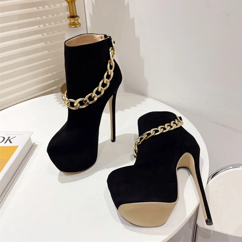 Liyke Fashion Design Metal Chain Platform Boots For Women Solid Black Round Toe Zip Autumn Winter High Heels Pumps Shoes Size 42