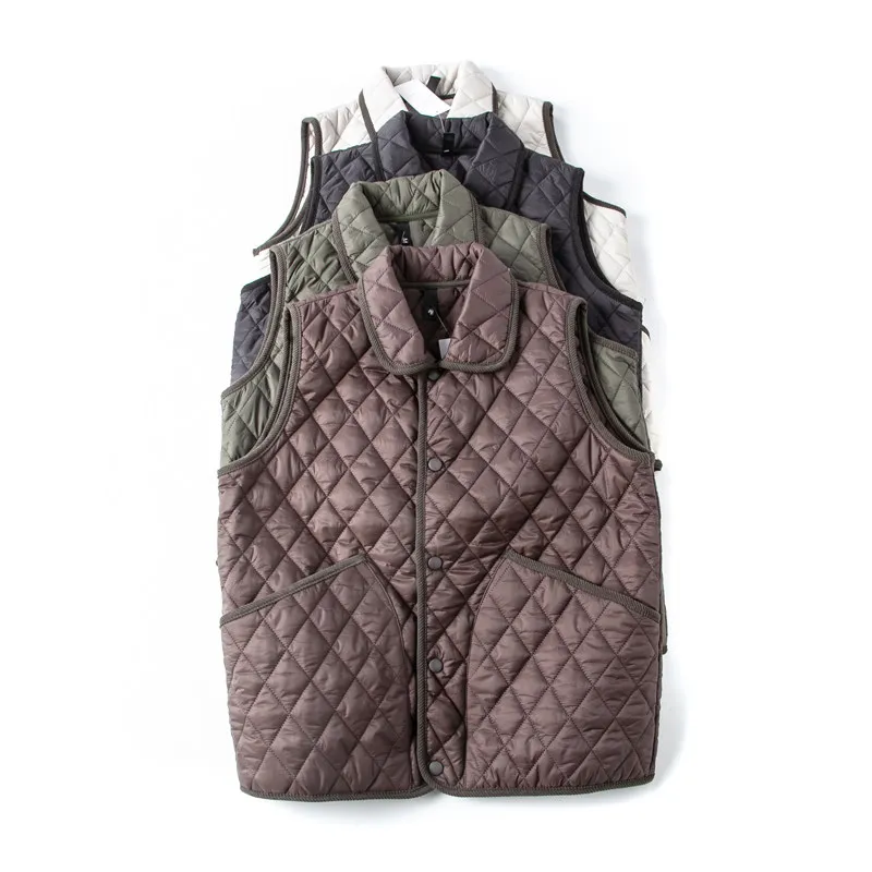 Japanese Retro Line Warm Autumn Winter Solid Color Sleeveless Cotton-Padded Waterproof Lapel Diamond Quilted Vest for Men