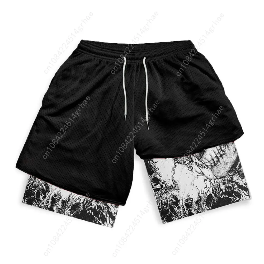 Y2K Compression Shorts Skull Print 2 in 1 Gym Shorts for Men Active Athletic 5 Inch Quick Dry Stretchy Training Fitness Workout